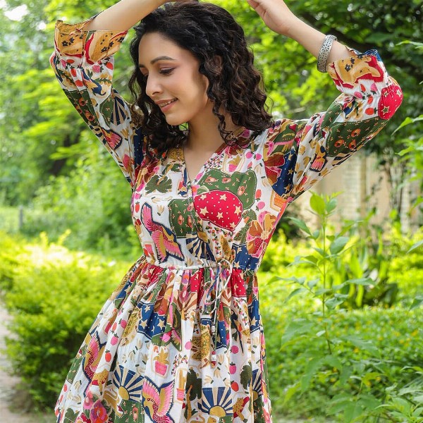 Rain & Rainbow Floral Printed Bell Sleeve Cotton Empire Top