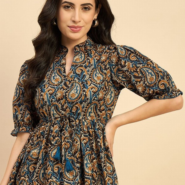 Azira Women Ethnic Printed Mandarin Collar Cotton Top