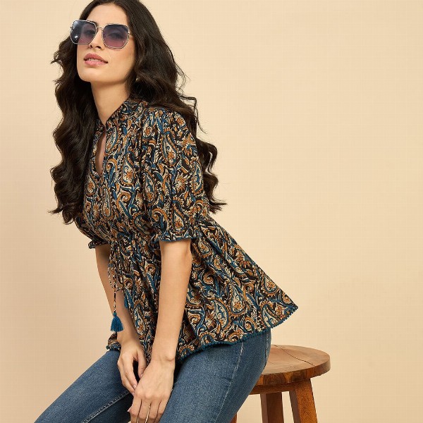 Azira Women Ethnic Printed Mandarin Collar Cotton Top