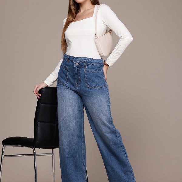 French Connection Women Pure Cotton Wide Leg Light Fade Jeans
