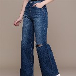 The Roadster Life Co. Women Wide Leg High-Rise Slash Knee Light Fade Stretchable Jeans