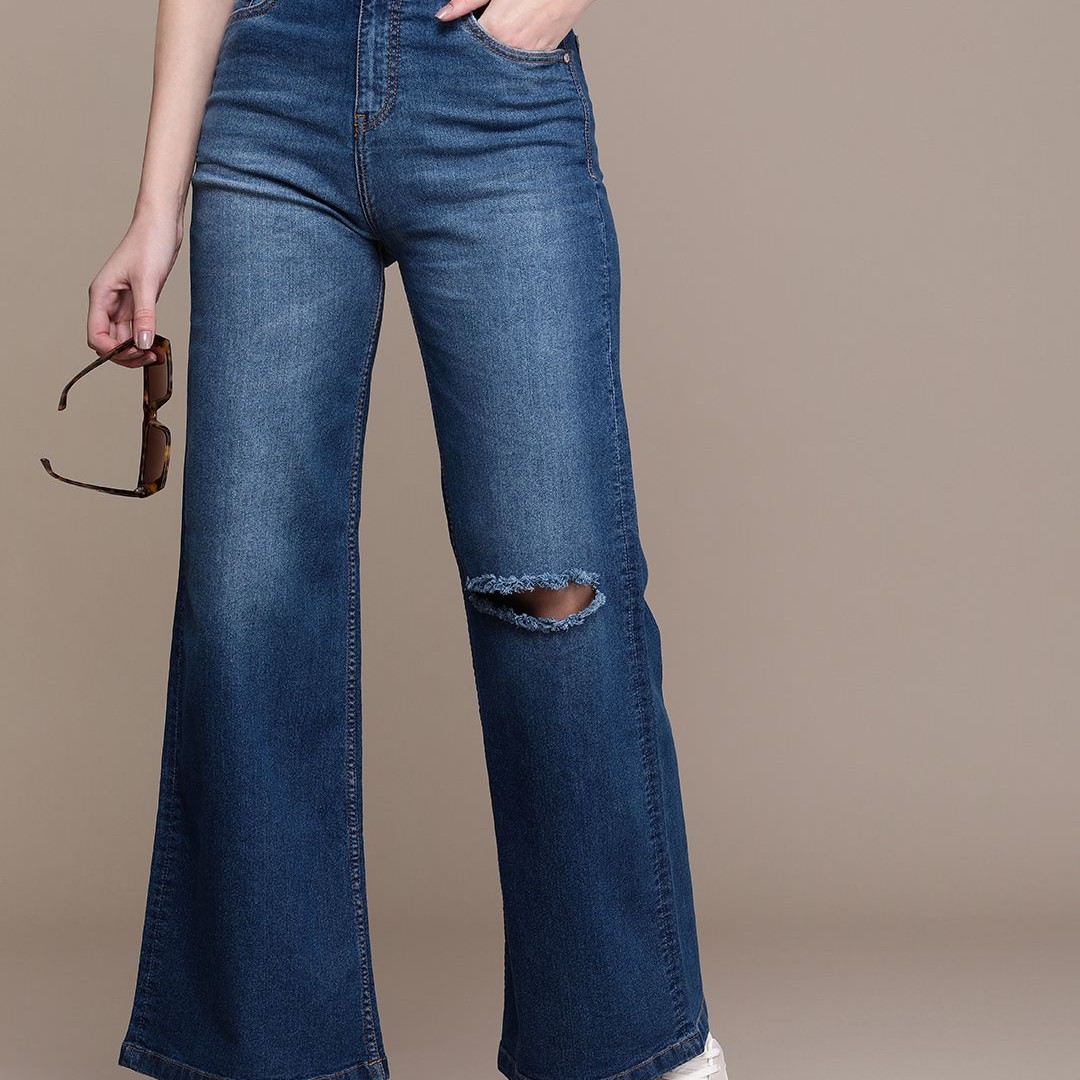 The Roadster Life Co. Women Wide Leg High-Rise Slash Knee Light Fade Stretchable Jeans