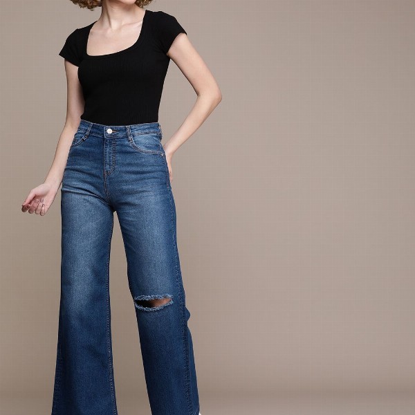 The Roadster Life Co. Women Wide Leg High-Rise Slash Knee Light Fade Stretchable Jeans