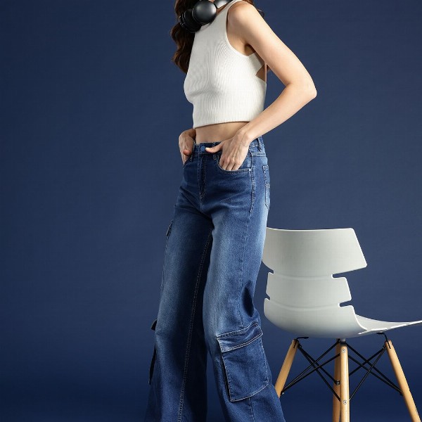 Mast & Harbour Women Wide Leg High-Rise Light Fade Stretchable Cargo Jeans