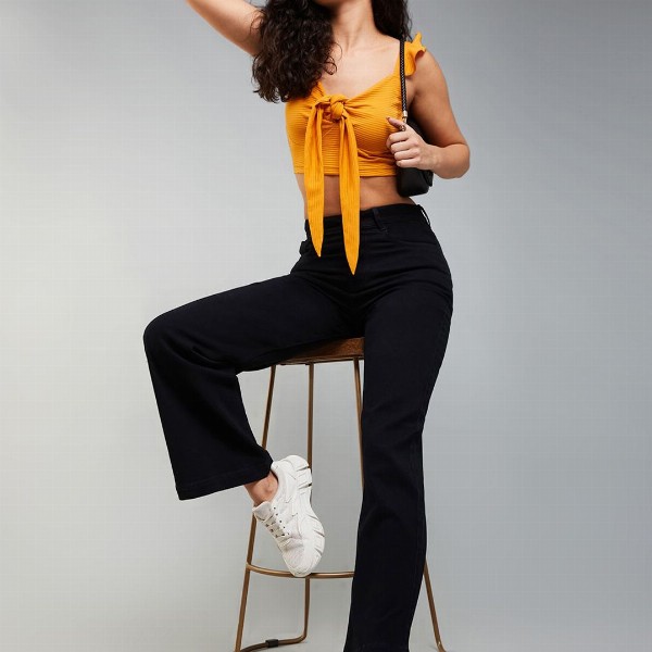 DOLCE CRUDO Wide Leg High Rise Clean Look Regular-Length Stretchable Denim Jeans