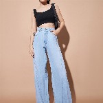 SASSAFRAS BASICS Women Wide Leg Mid Rise Light Fade Jeans