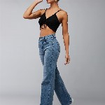 DOLCE CRUDO Women Wide Leg High-Rise Light Fade Stretchable Jeans
