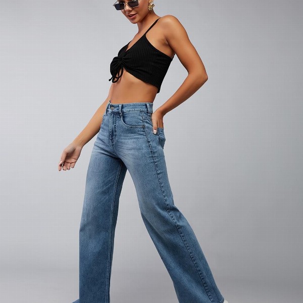 DOLCE CRUDO Women Wide Leg High-Rise Light Fade Stretchable Jeans