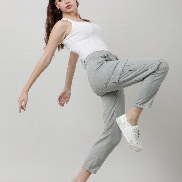 IVOC Women Grey Mid-Rise Cotton Cargos Trousers