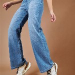 Dolce Crudo Women Light Weight Blue Wide Leg Light Fade Stretchable Jeans