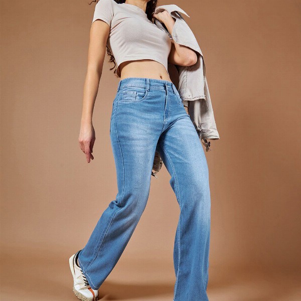 Dolce Crudo Women Light Weight Blue Wide Leg Light Fade Stretchable Jeans