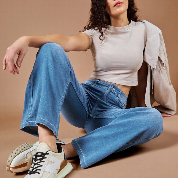 Dolce Crudo Women Light Weight Blue Wide Leg Light Fade Stretchable Jeans