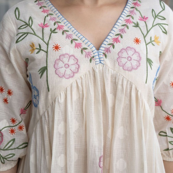 ZUMMER Cotton Floral Embroidered Puff Sleeve Empire Dress