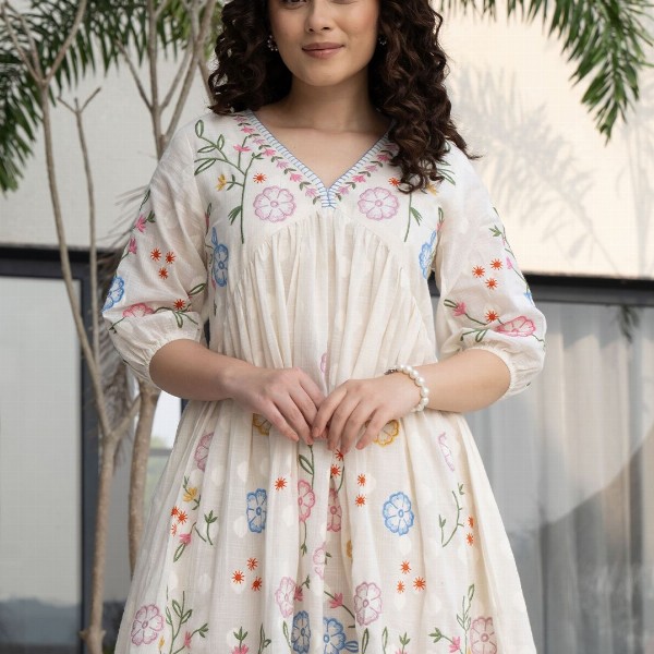 ZUMMER Cotton Floral Embroidered Puff Sleeve Empire Dress