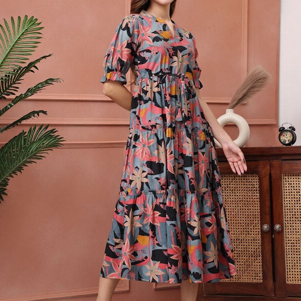 Claura Women Floral Printed Puff Sleeve Fit & Flare Midi Dress