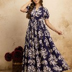 PURSHOTTAM WALA Floral Printed Mandarin Collar A-Line Maxi Dress
