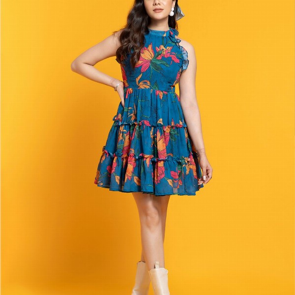 OCTICS Floral Printed Fit & Flare Dress