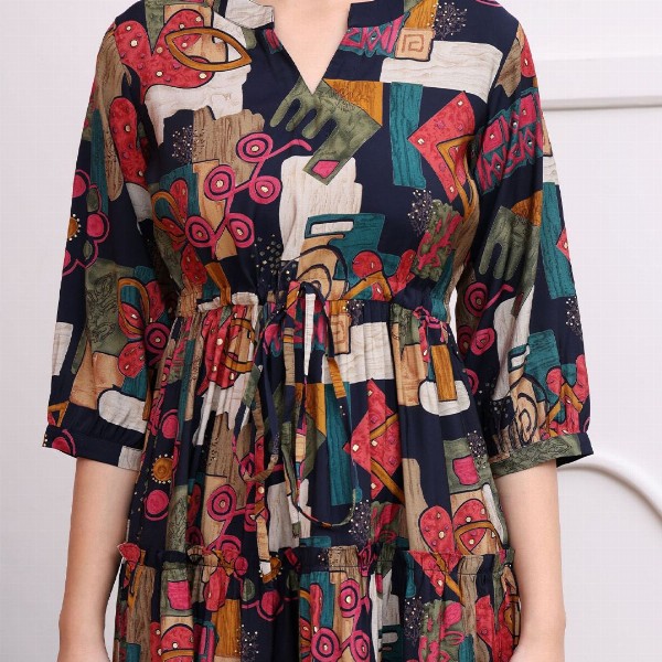 Claura Women Abstract Printed Mandarin Collar A-Line Dress