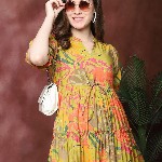 Claura Women Floral Print Mandarin Collar Puff Sleeves Maxi Midi Dress