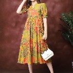 Claura Women Floral Print Mandarin Collar Puff Sleeves Maxi Midi Dress