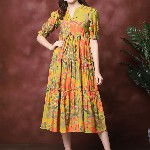 Claura Women Floral Print Mandarin Collar Puff Sleeves Maxi Midi Dress