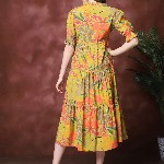 Claura Women Floral Print Mandarin Collar Puff Sleeves Maxi Midi Dress