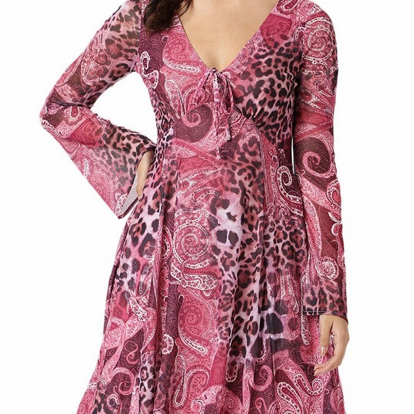 GUESS V Neck Ethnic Motifs Print Bell Sleeve Fit & Flare Dress