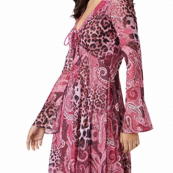 GUESS V Neck Ethnic Motifs Print Bell Sleeve Fit & Flare Dress