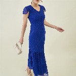 aayu Women V-Neck Tiered Self Design Flutter Sleeves A-Line Maxi Dress