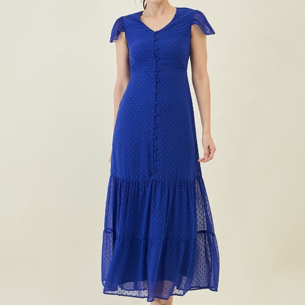 aayu Women V-Neck Tiered Self Design Flutter Sleeves A-Line Maxi Dress