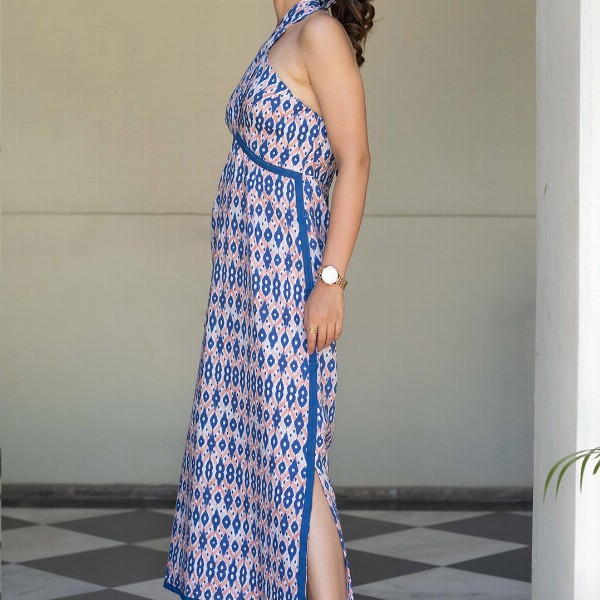 Anasi Clothing Women Ethnic Motifs Printed Halter Neck Linen Shift Maxi Dress