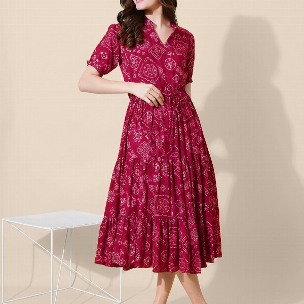 FLOWERVELLY Ethnic Motifs V-neck Fit and Flare Dress