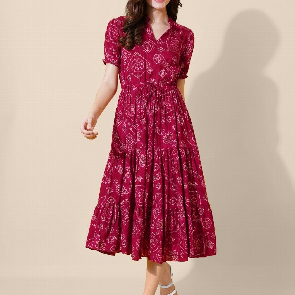 FLOWERVELLY Women Puff Sleeves Fit & Flare Midi Dress