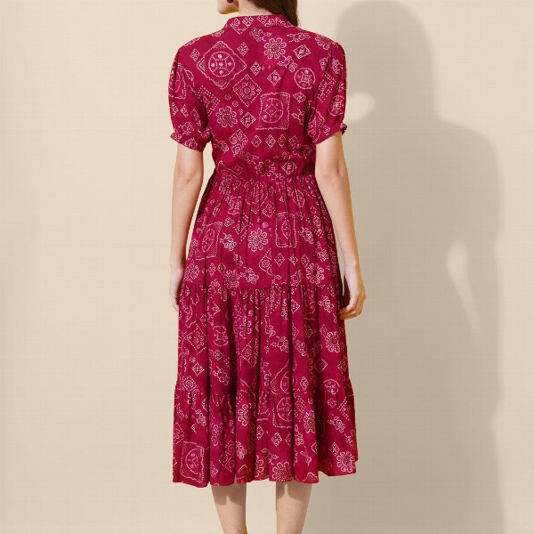 FLOWERVELLY Women Puff Sleeves Fit & Flare Midi Dress