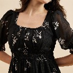 Azira Floral Print Square Neck Puff Sleeve Georgette Fit & Flare Midi Tiered Dress