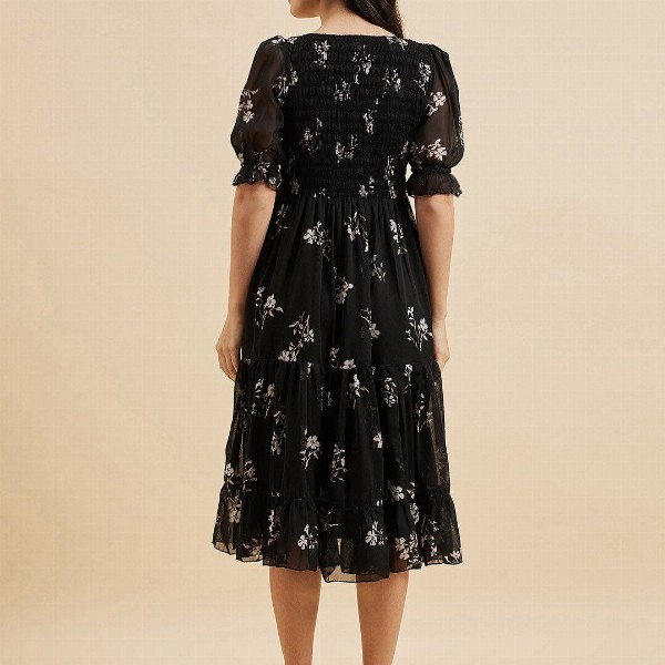Azira Floral Print Square Neck Puff Sleeve Georgette Fit & Flare Midi Tiered Dress