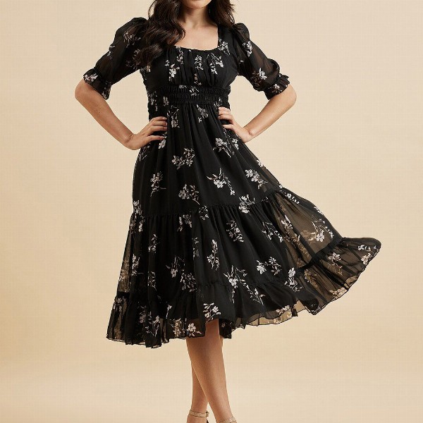 Azira Floral Print Square Neck Puff Sleeve Georgette Fit & Flare Midi Tiered Dress
