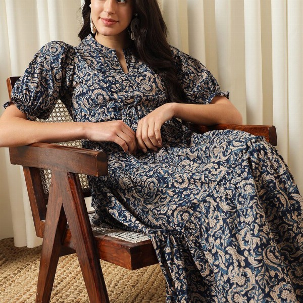 KALINI Floral Printed Mandarin Collar Puff Sleeves Cotton Fit and Flare Dress