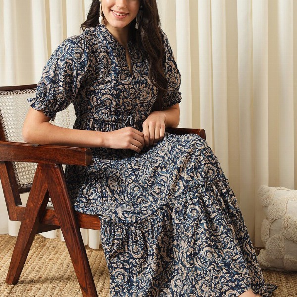 KALINI Floral Printed Mandarin Collar Puff Sleeves Cotton Fit and Flare Dress