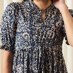 KALINI Floral Printed Mandarin Collar Puff Sleeves Cotton Fit and Flare Dress