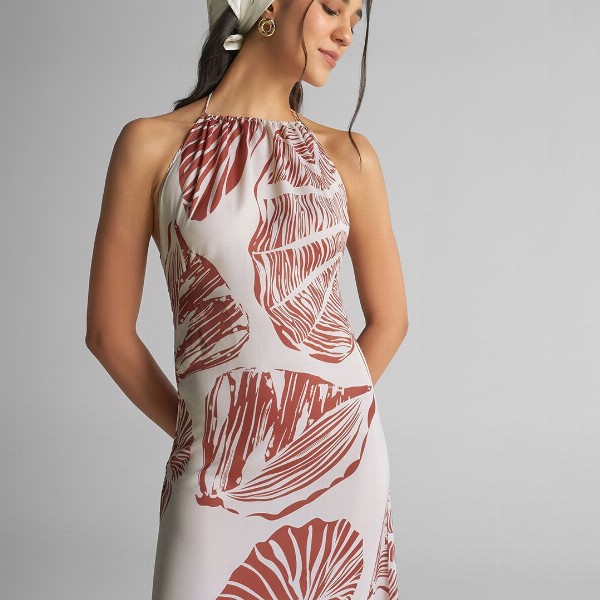 GABLOR Print Halter Neck Satin Maxi Midi Dress