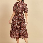 Azira Ethnic Motif Print Mandarin Collar Short Puff Sleeves Cotton A-Line Midi Dress