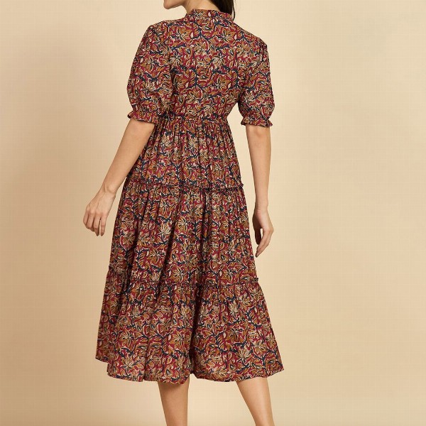Azira Ethnic Motif Print Mandarin Collar Short Puff Sleeves Cotton A-Line Midi Dress