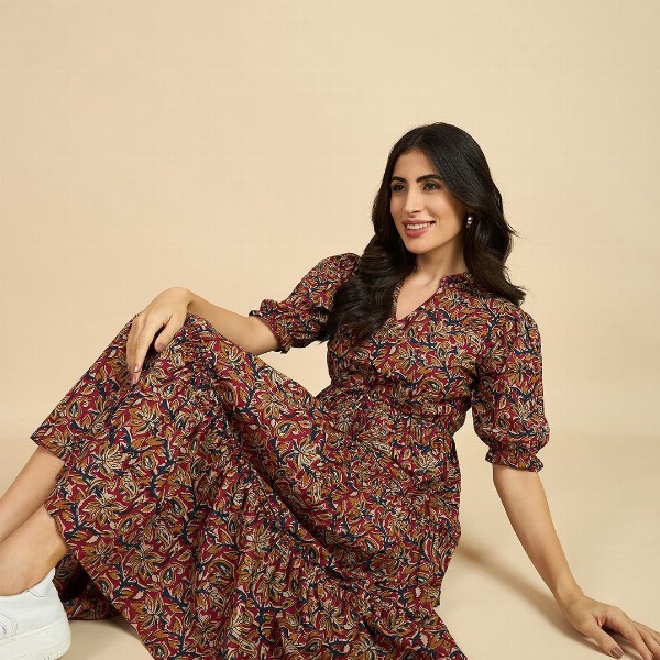 Azira Ethnic Motif Print Mandarin Collar Short Puff Sleeves Cotton A-Line Midi Dress