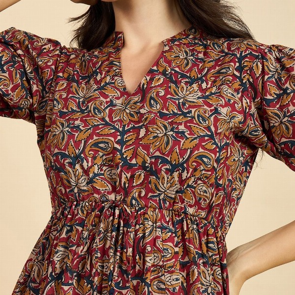 Azira Ethnic Motif Print Mandarin Collar Short Puff Sleeves Cotton A-Line Midi Dress