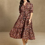 Azira Ethnic Motif Print Mandarin Collar Short Puff Sleeves Cotton A-Line Midi Dress