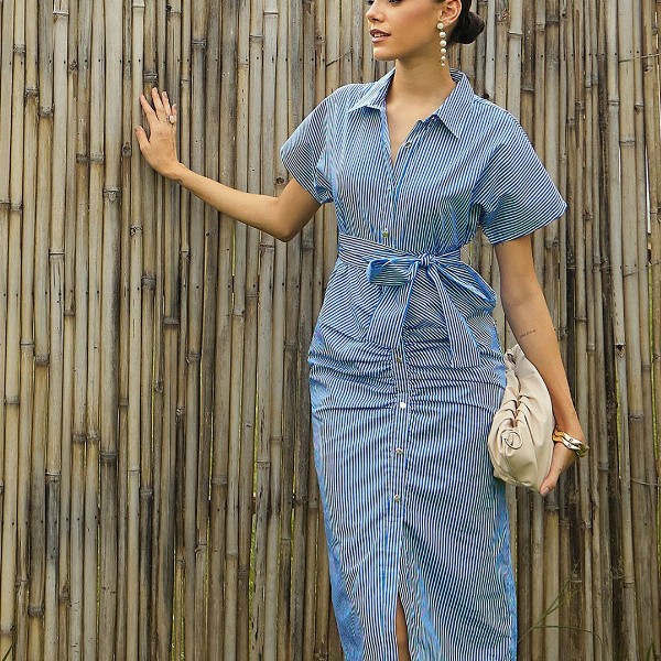 Pink Paprika by SASSAFRAS Women Striped Printed Shirt Collar A-Line Midi Dress