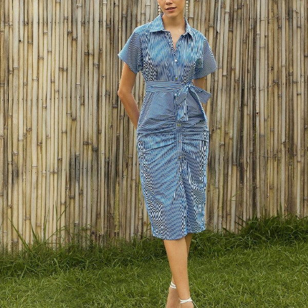 Pink Paprika by SASSAFRAS Women Striped Printed Shirt Collar A-Line Midi Dress