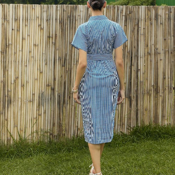 Pink Paprika by SASSAFRAS Women Striped Printed Shirt Collar A-Line Midi Dress