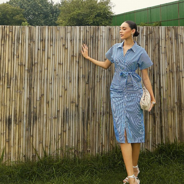 Pink Paprika by SASSAFRAS Women Striped Printed Shirt Collar A-Line Midi Dress